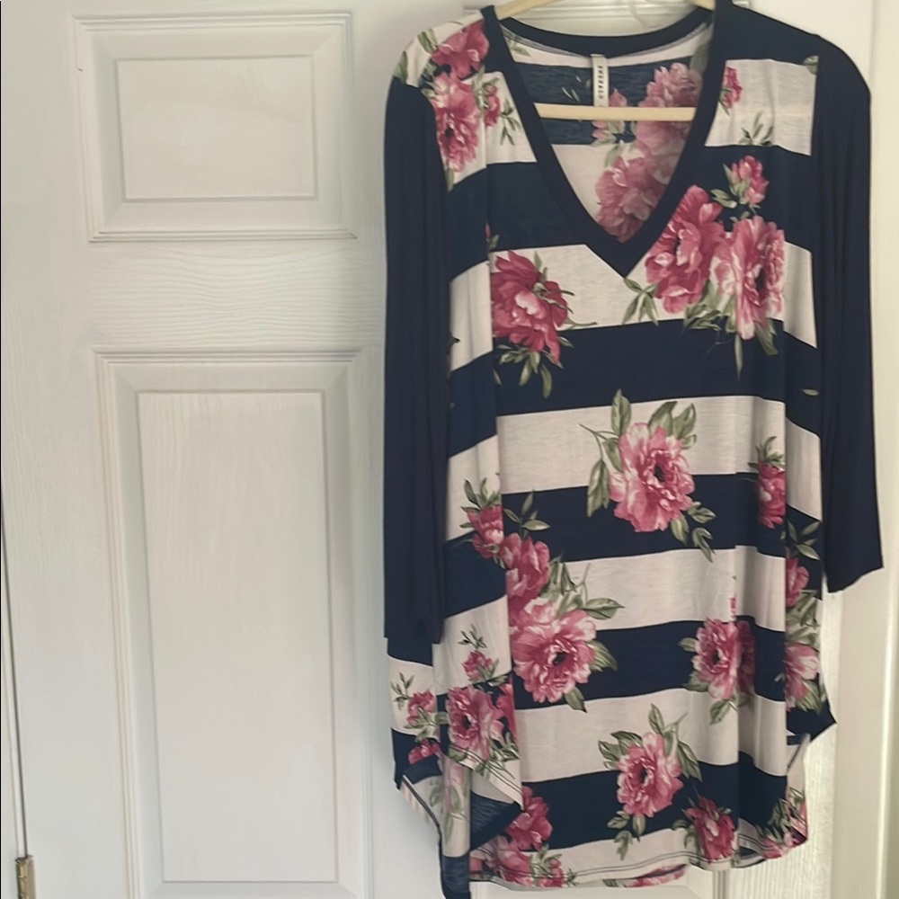 Floral Navy and White Striped Women's Top